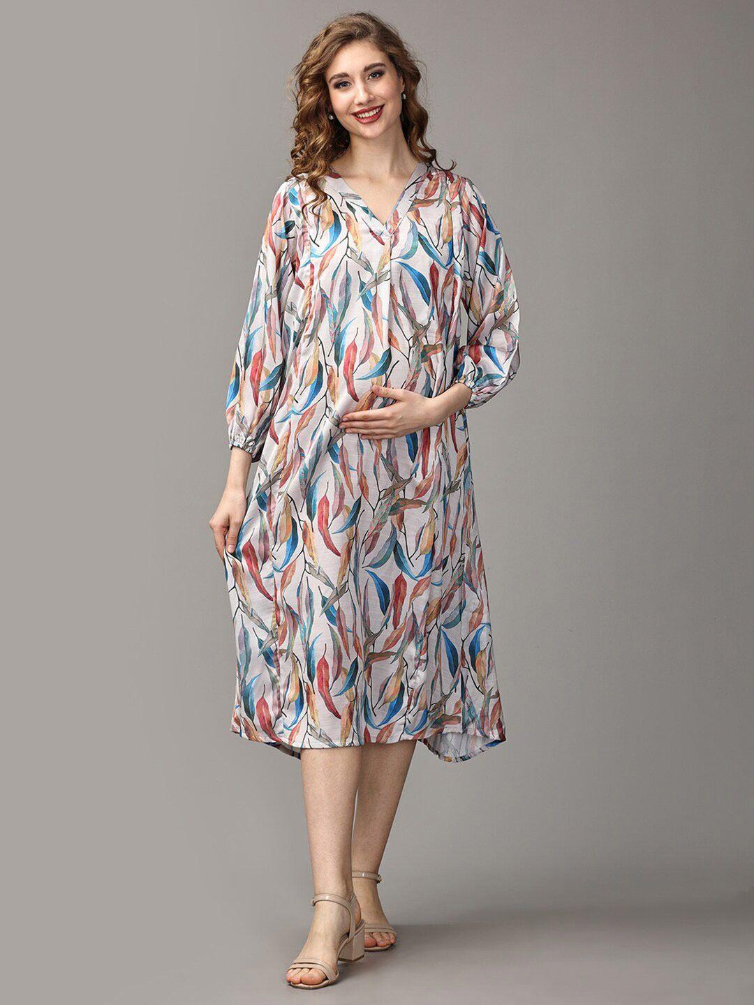 the mom store floral print puff sleeve a-line oversized cotton maternity midi dress
