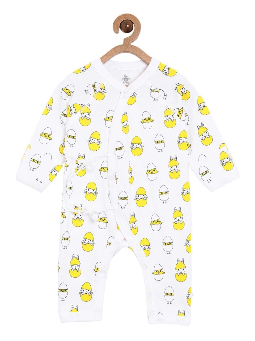 the mom store infant kids white & yellow printed pure cotton rompers