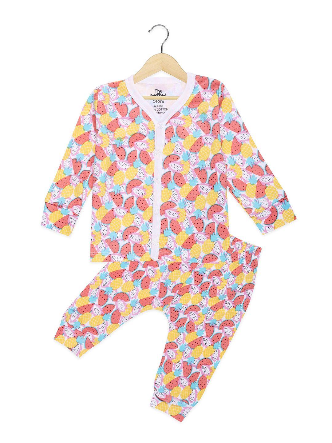 the mom store infants multicoloured printed pure cotton jhabla with joggers