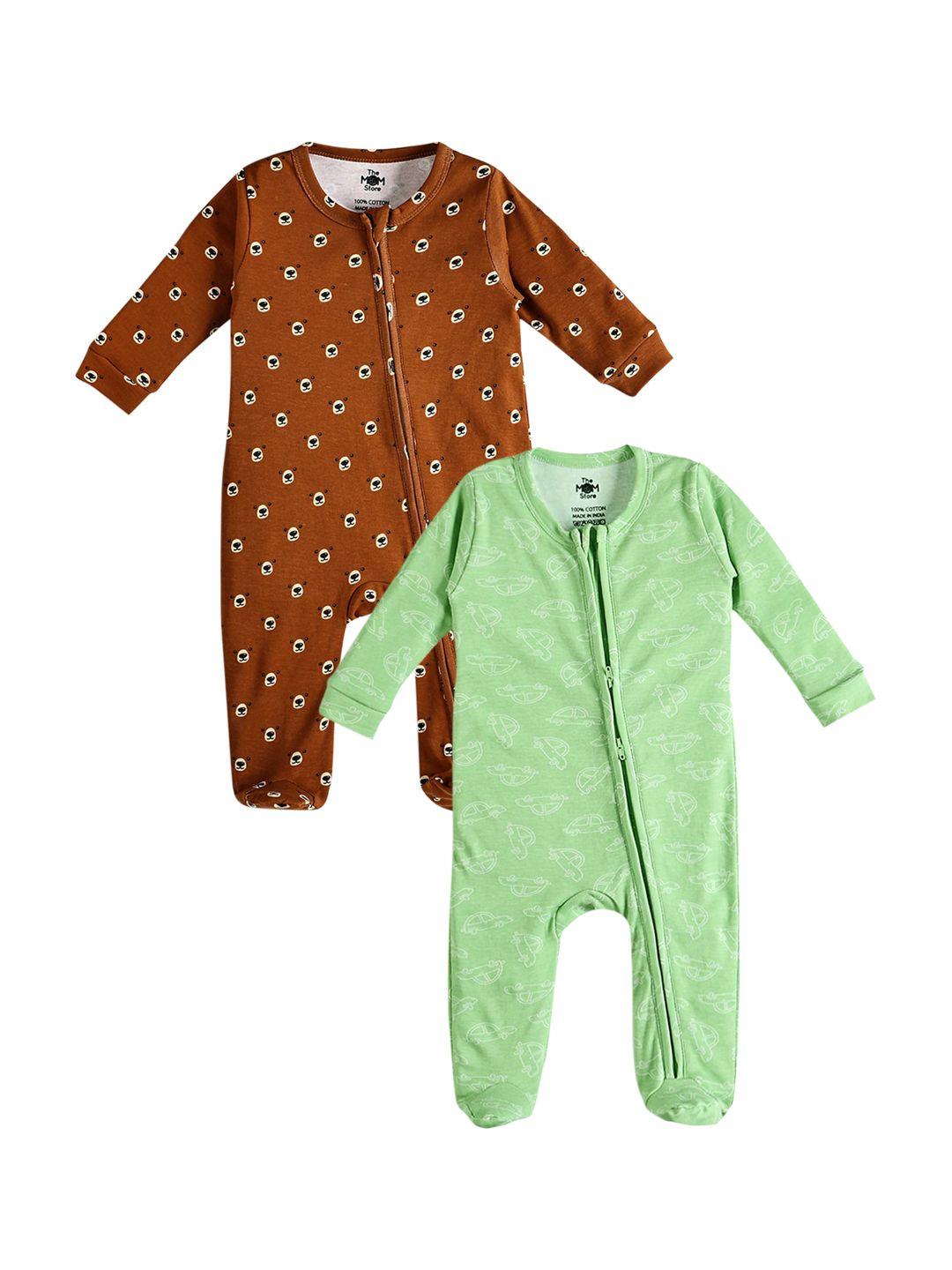 the mom store infants pack of 2 printed pure cotton rompers