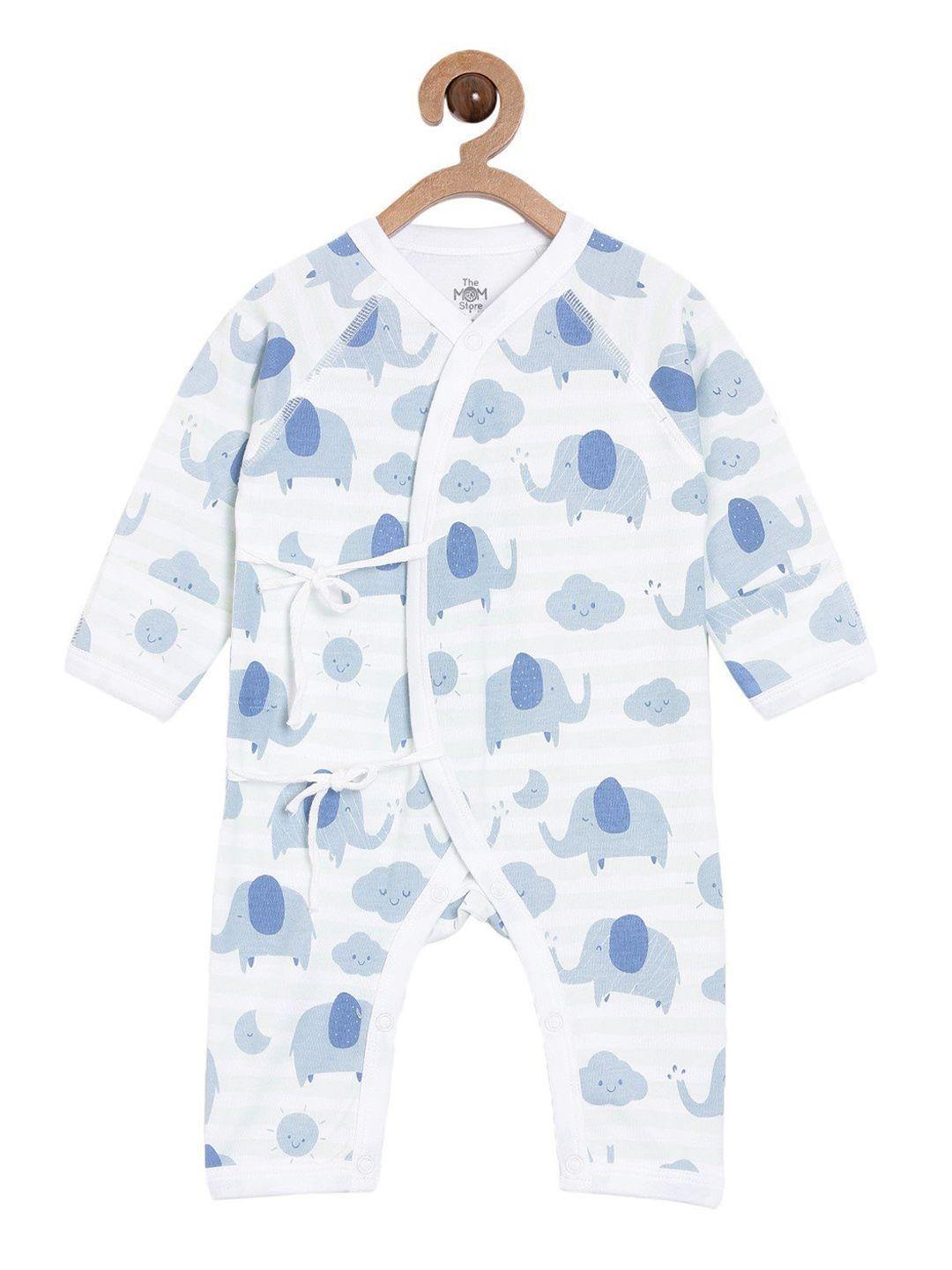 the mom store infants white & blue printed cotton romper