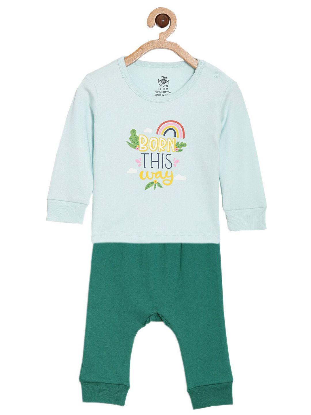 the mom store unisex kids green & yellow printed t-shirt with pyjamas