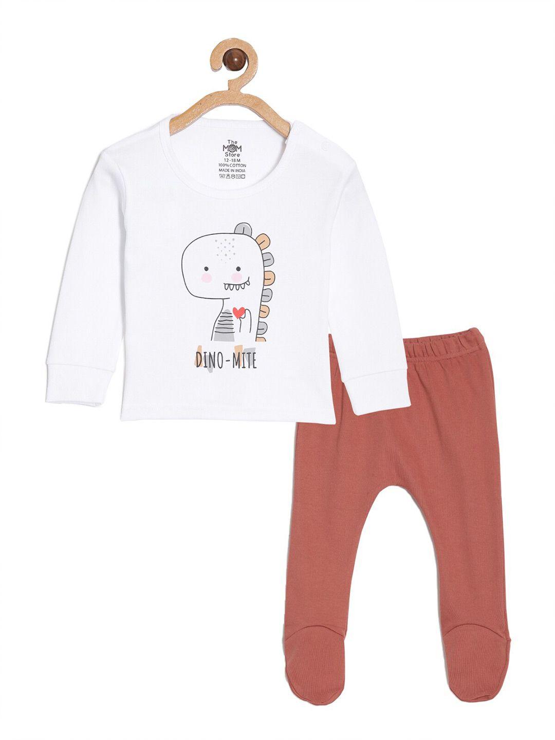 the mom store unisex kids white & brown printed t-shirt with trousers