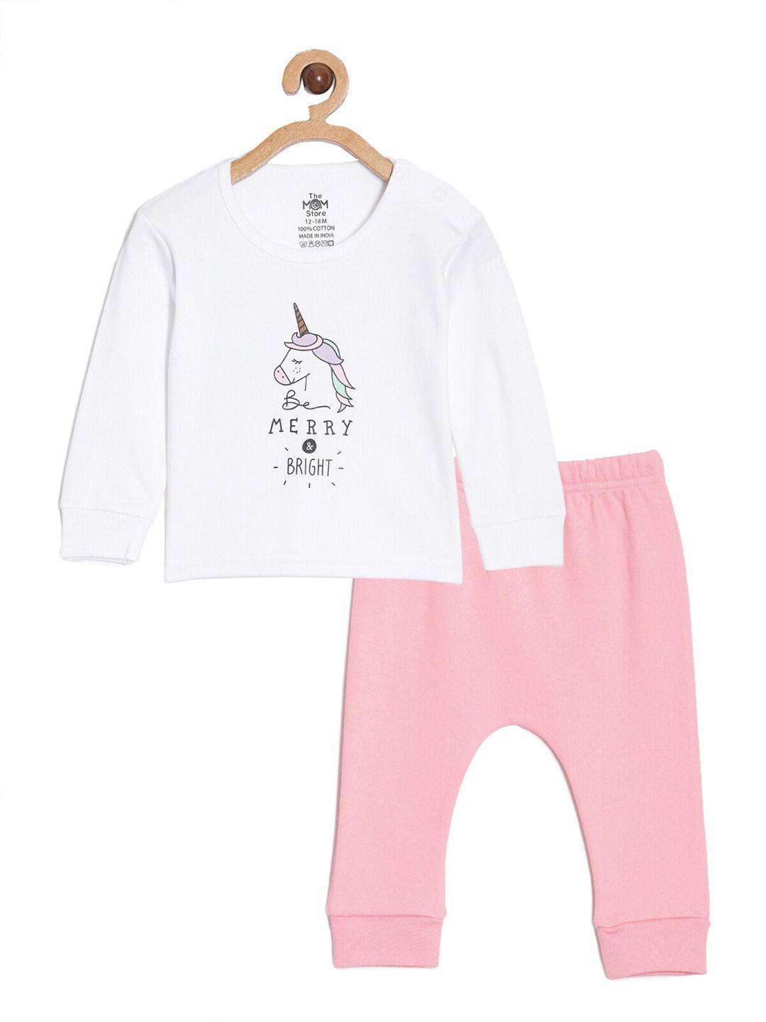 the mom store unisex kids white & pink printed t-shirt with trousers