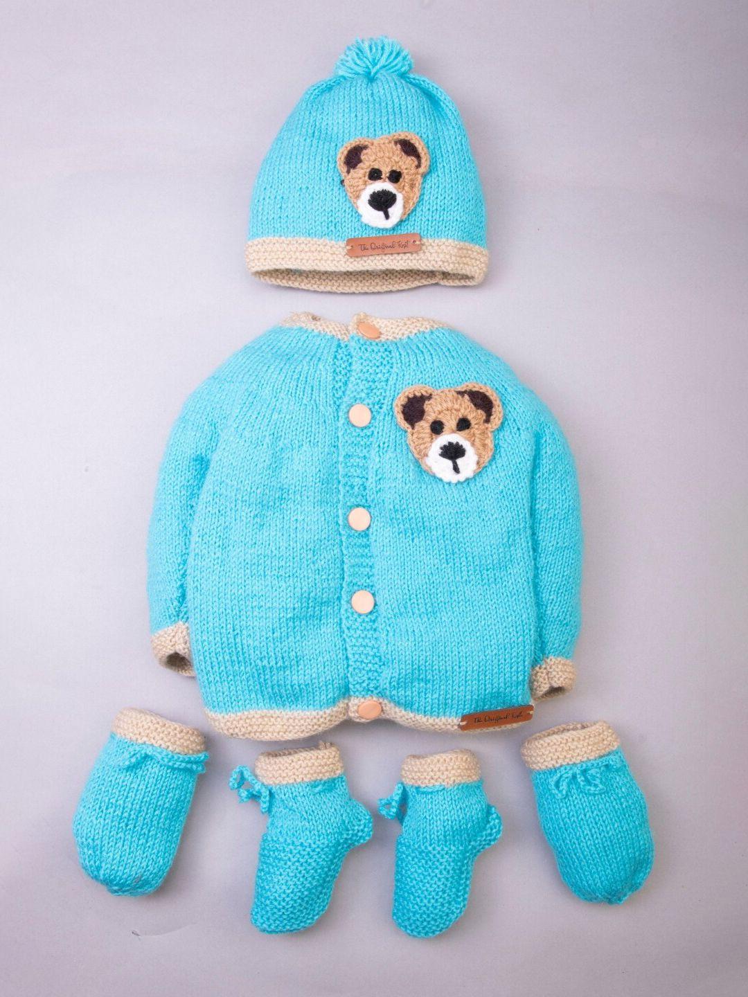 the original knit kids blue & beige cap, sock & mittens sweater set
