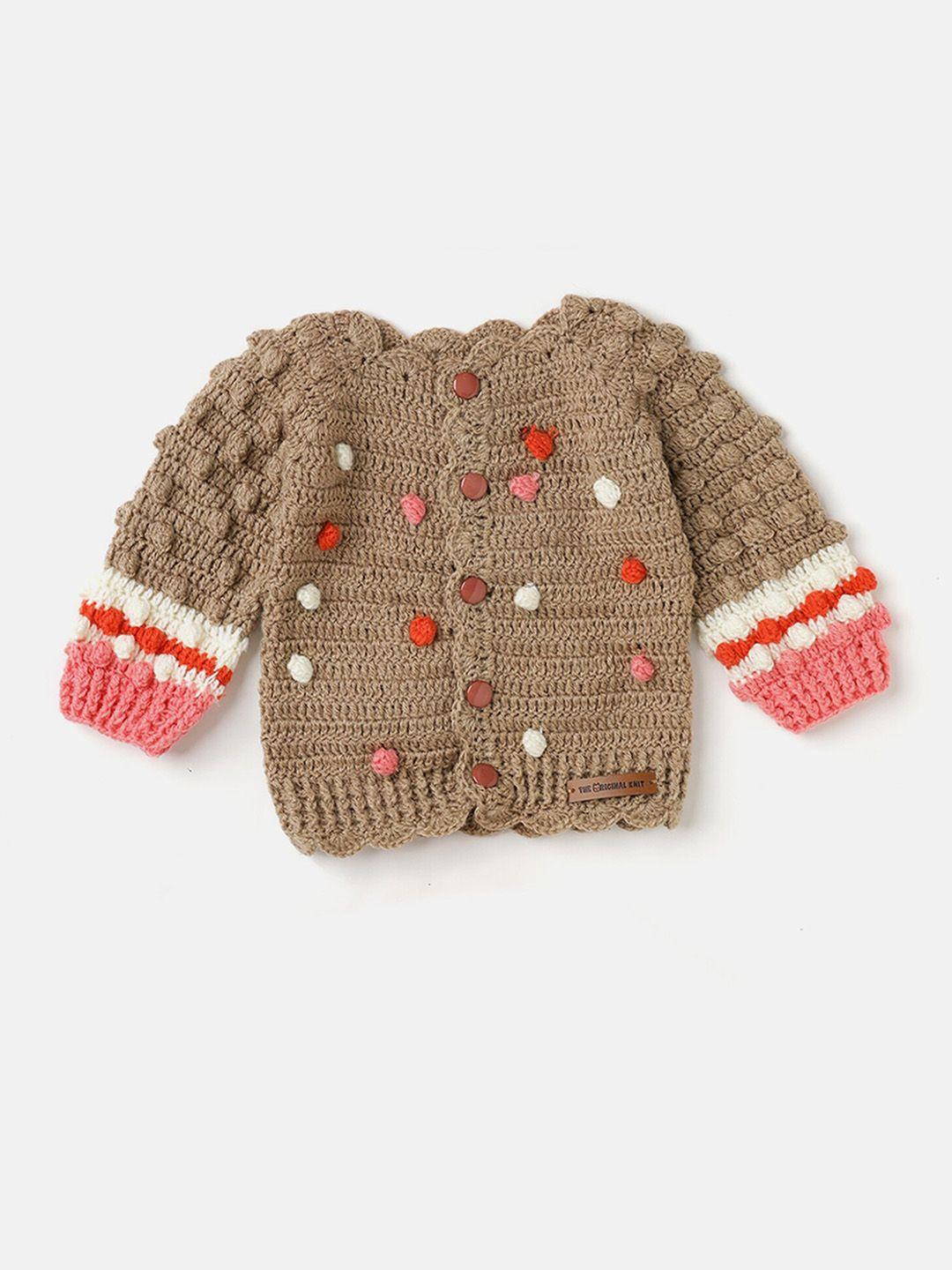 the original knit unisex kids beige & pink quirky cardigan with embroidered detail
