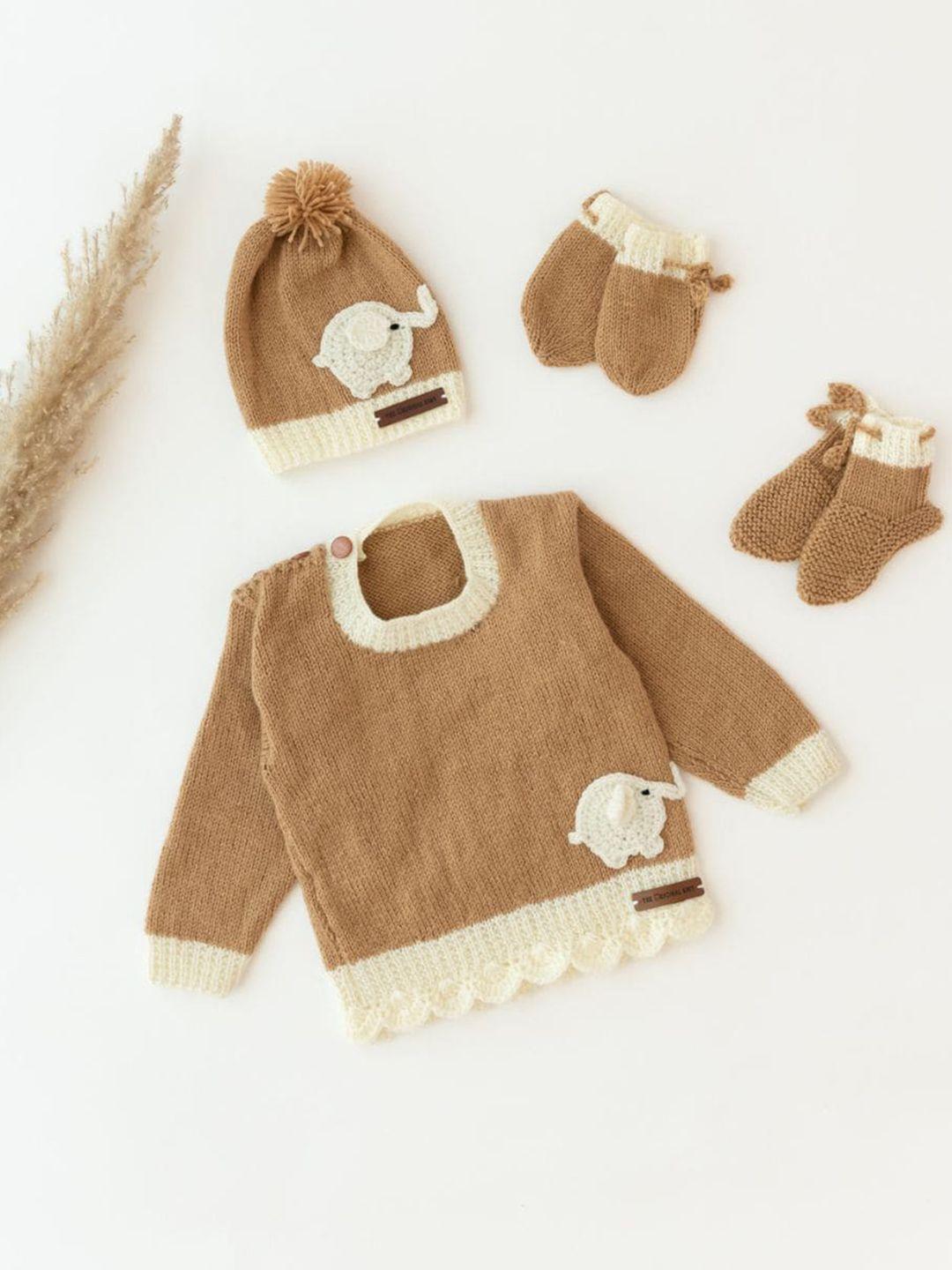 the original knit unisex kids brown & cream-coloured cable knit pullover with embroidered detail