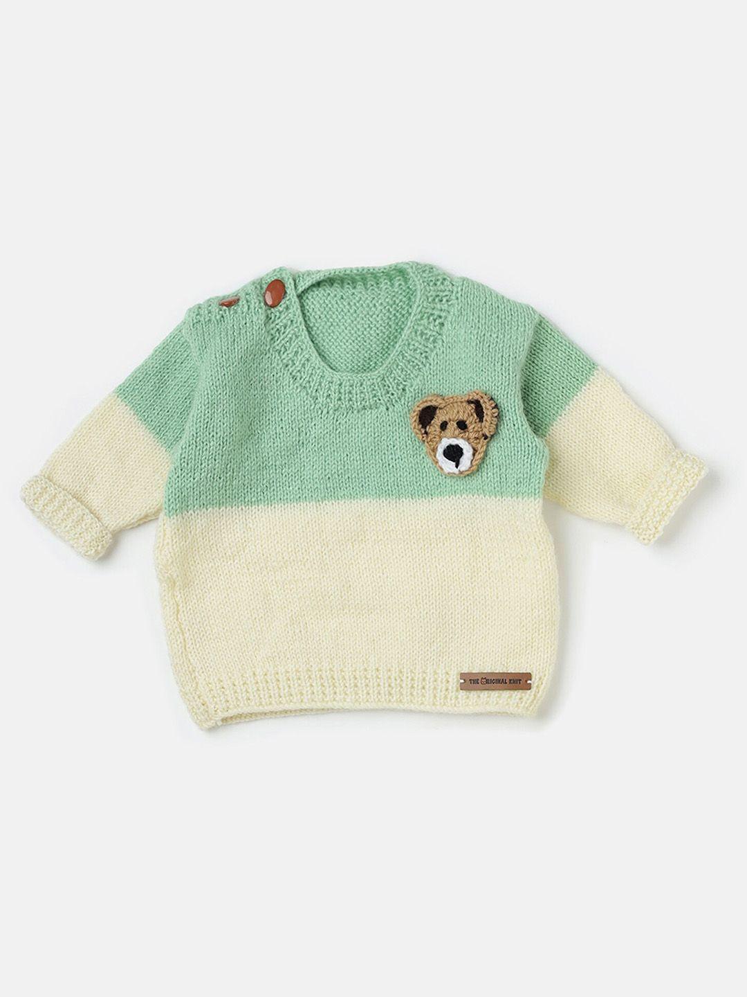 the original knit unisex kids green & cream-coloured colourblocked pullover with applique detail