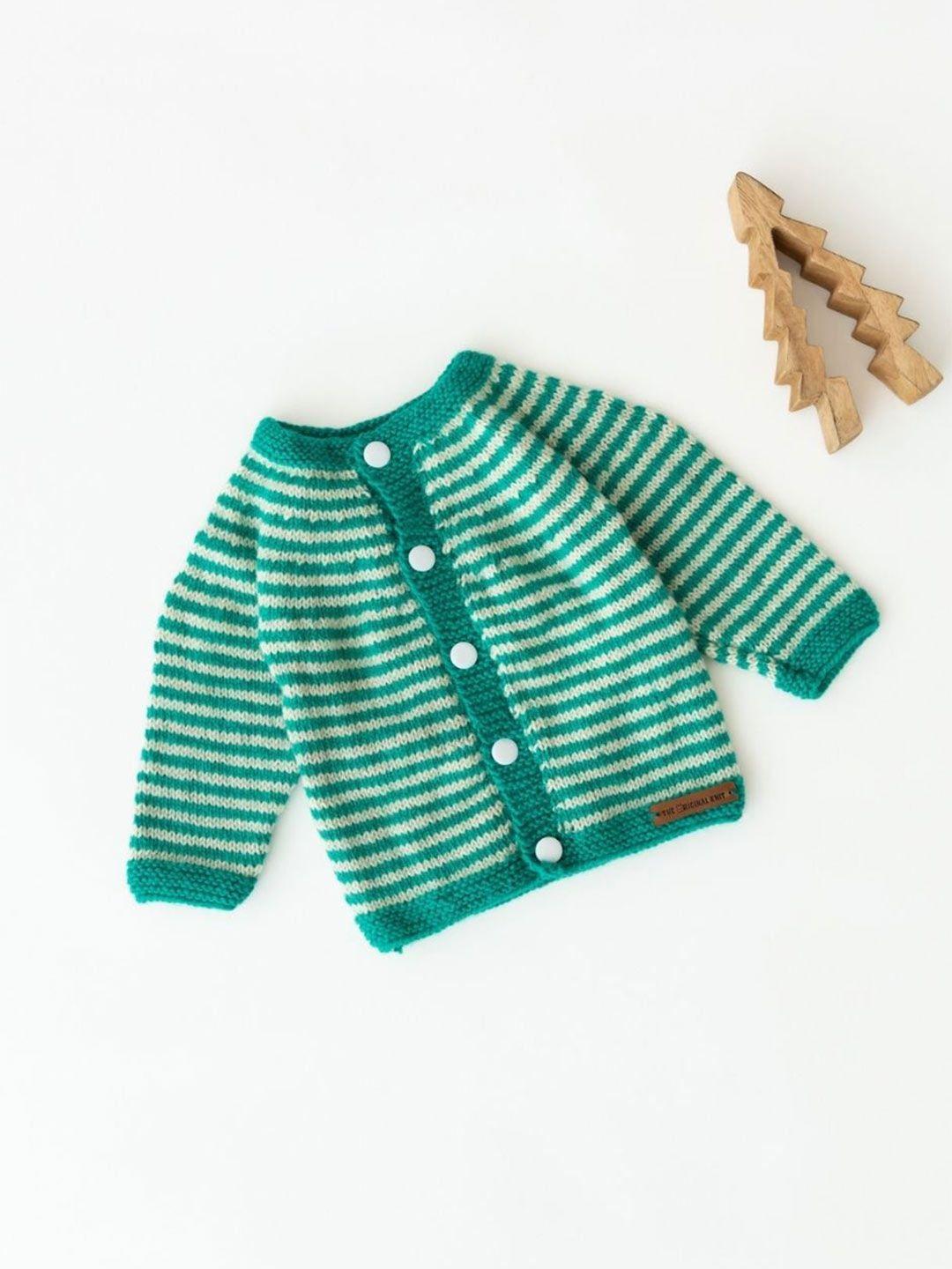 the original knit unisex kids green & white cable knit striped cardigan