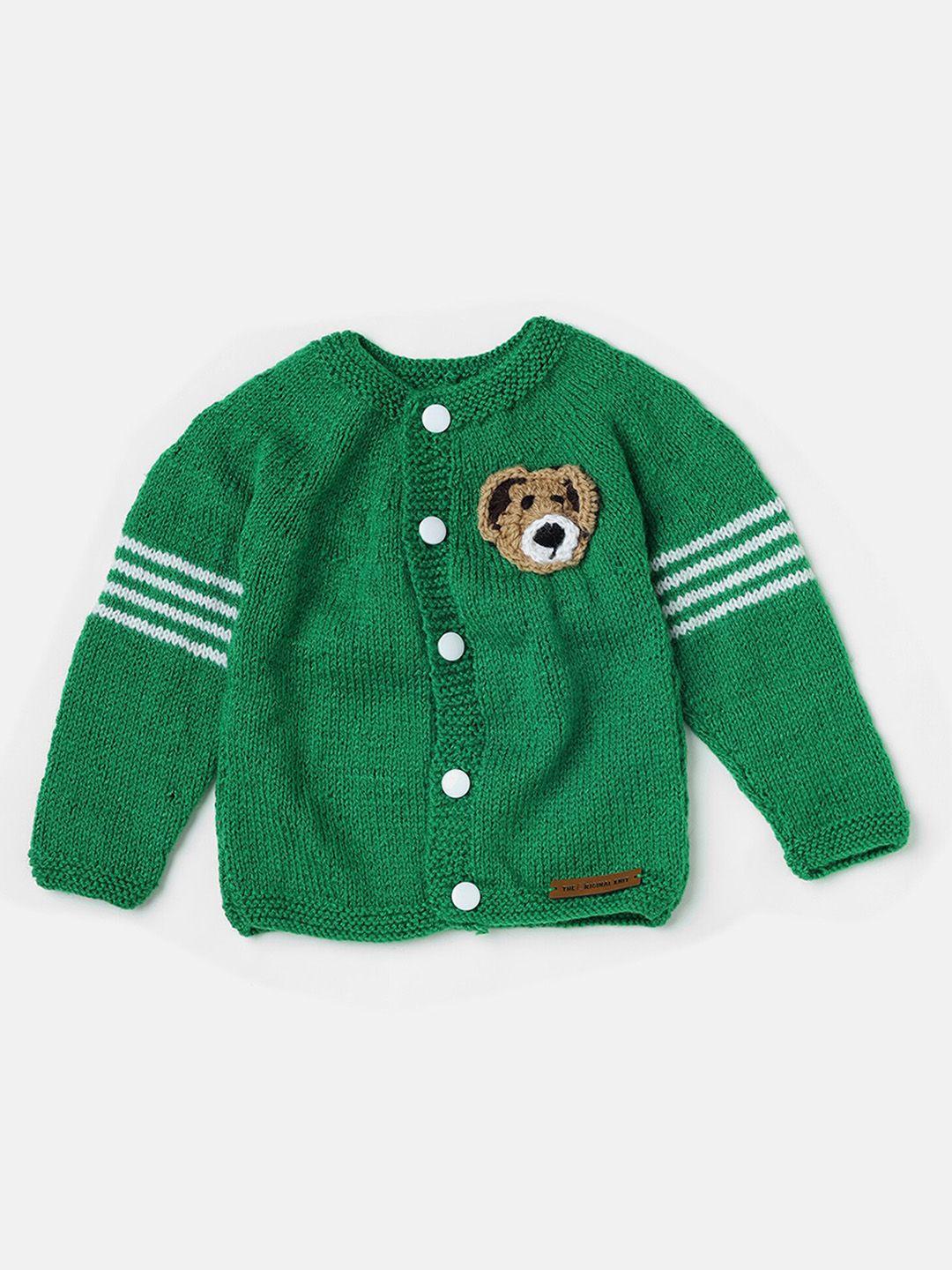 the original knit unisex kids green & white striped cardigan with applique detail