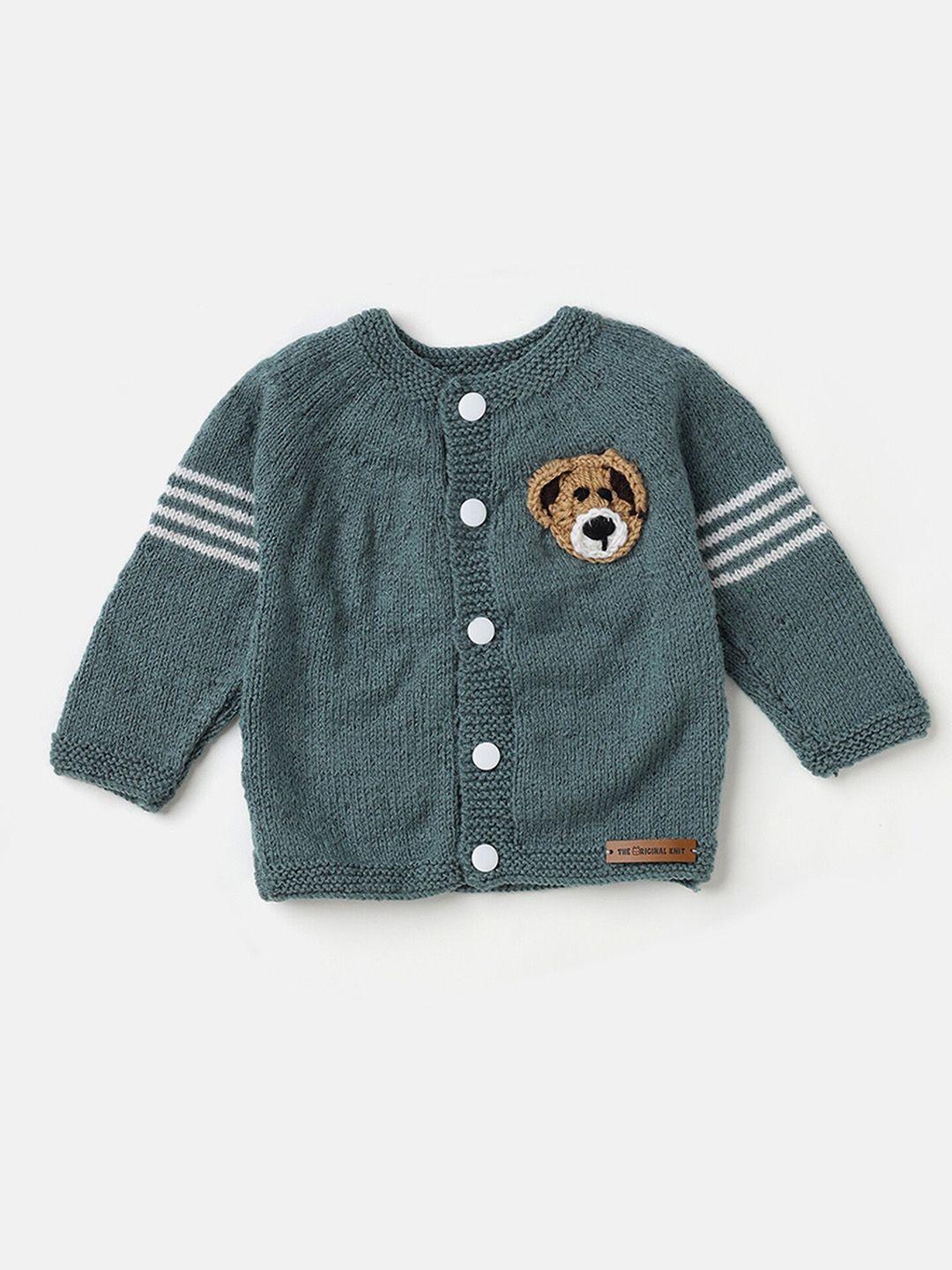 the original knit unisex kids grey & green striped cardigan with applique detail