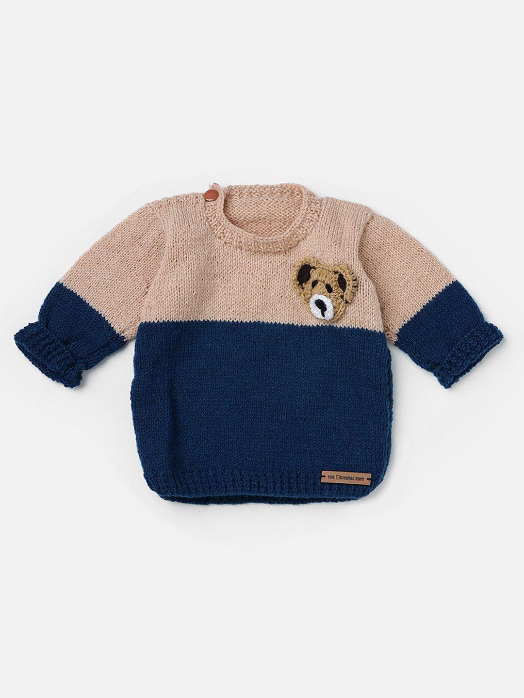the original knit unisex kids navy blue & beige colourblocked pullover with applique detail