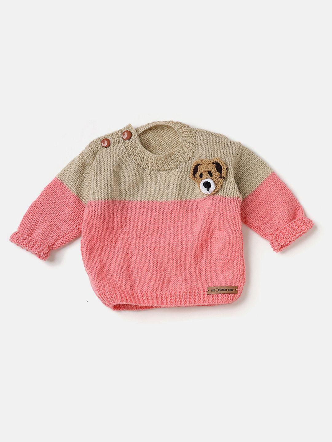 the original knit unisex kids pink & khaki colourblocked pullover with embroidered detail