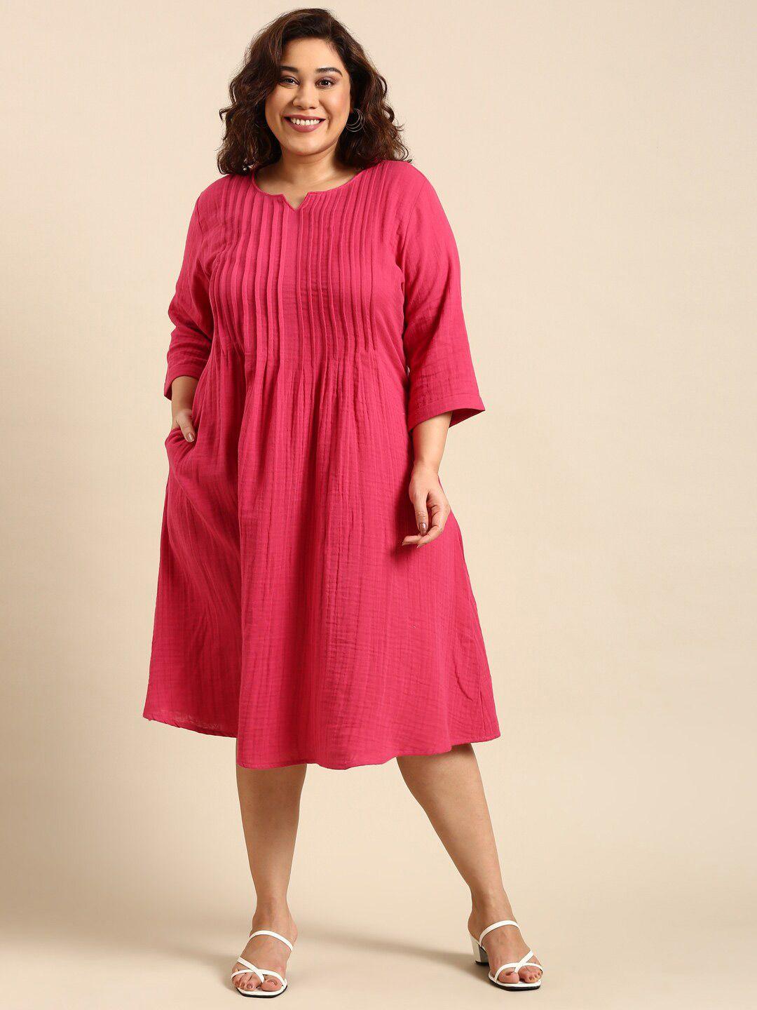the pink moon plus size pintuck cotton a-line dress