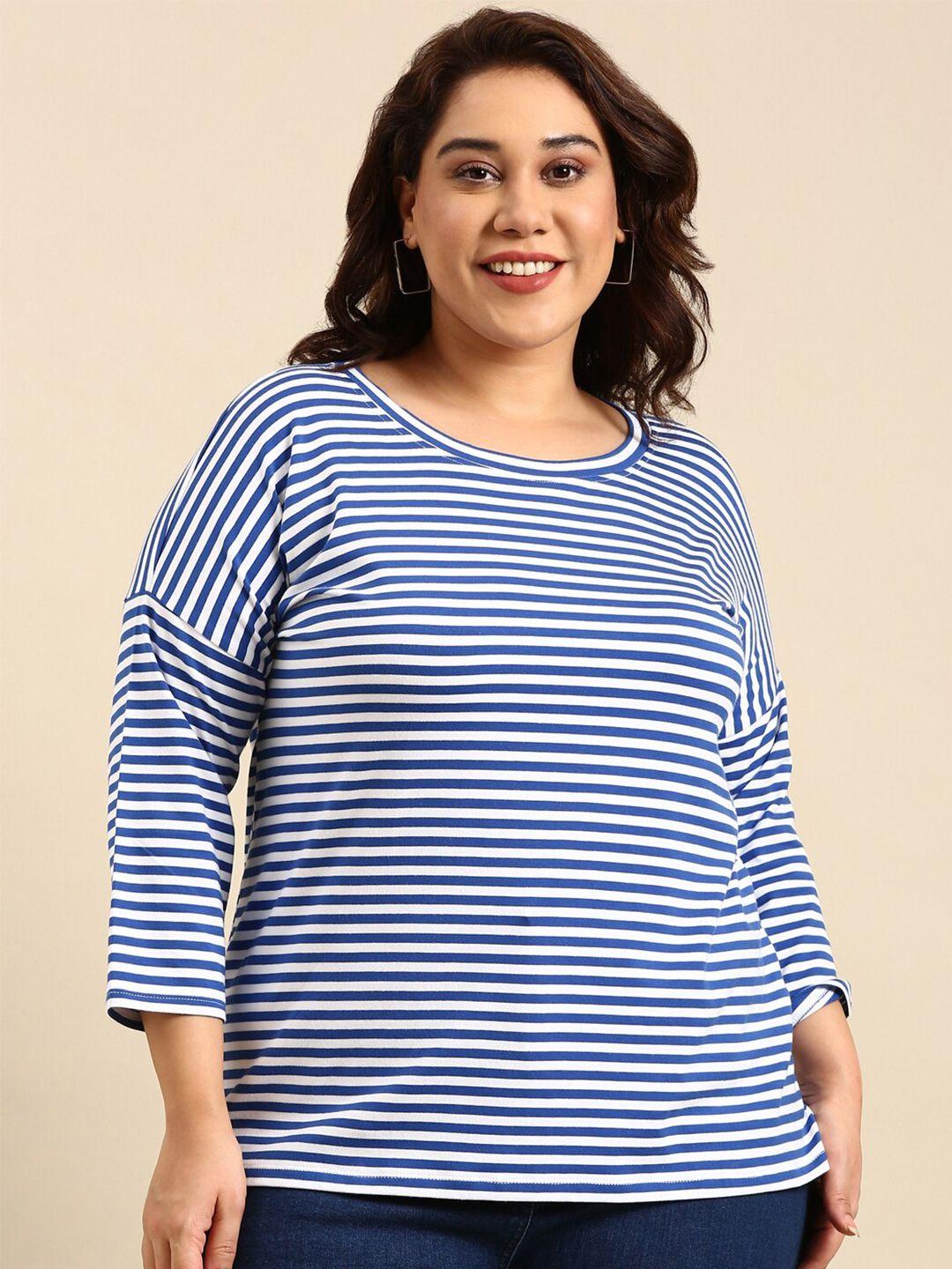 the pink moon plus size striped drop-shoulder sleeves cotton t-shirt