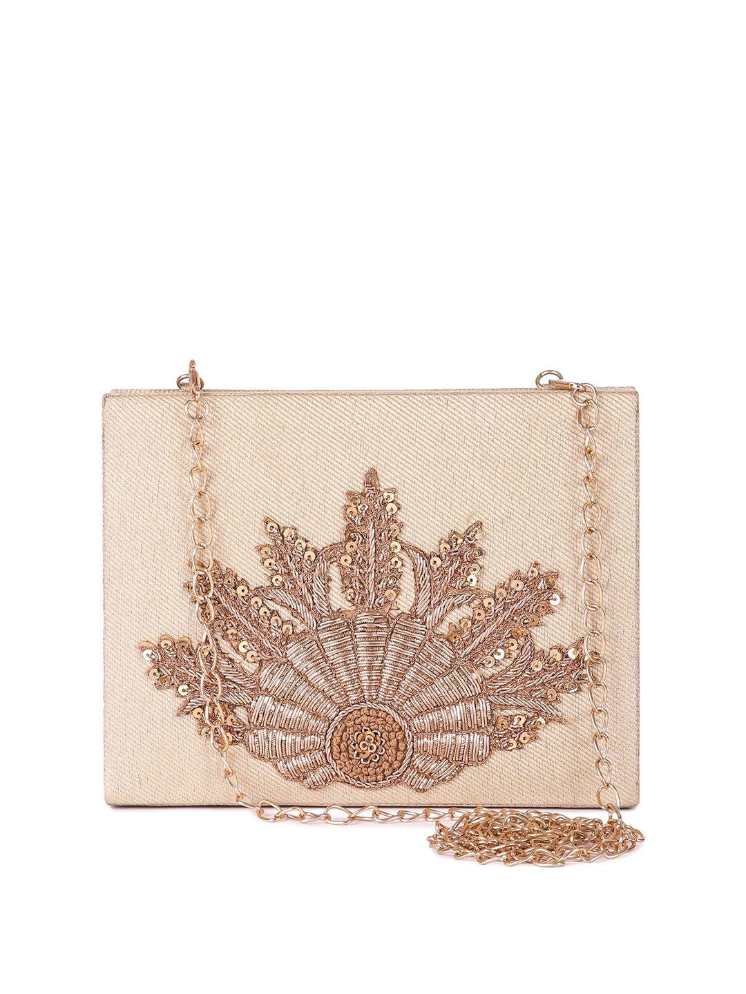 the purple sack gold-toned & pink embroidered box clutch