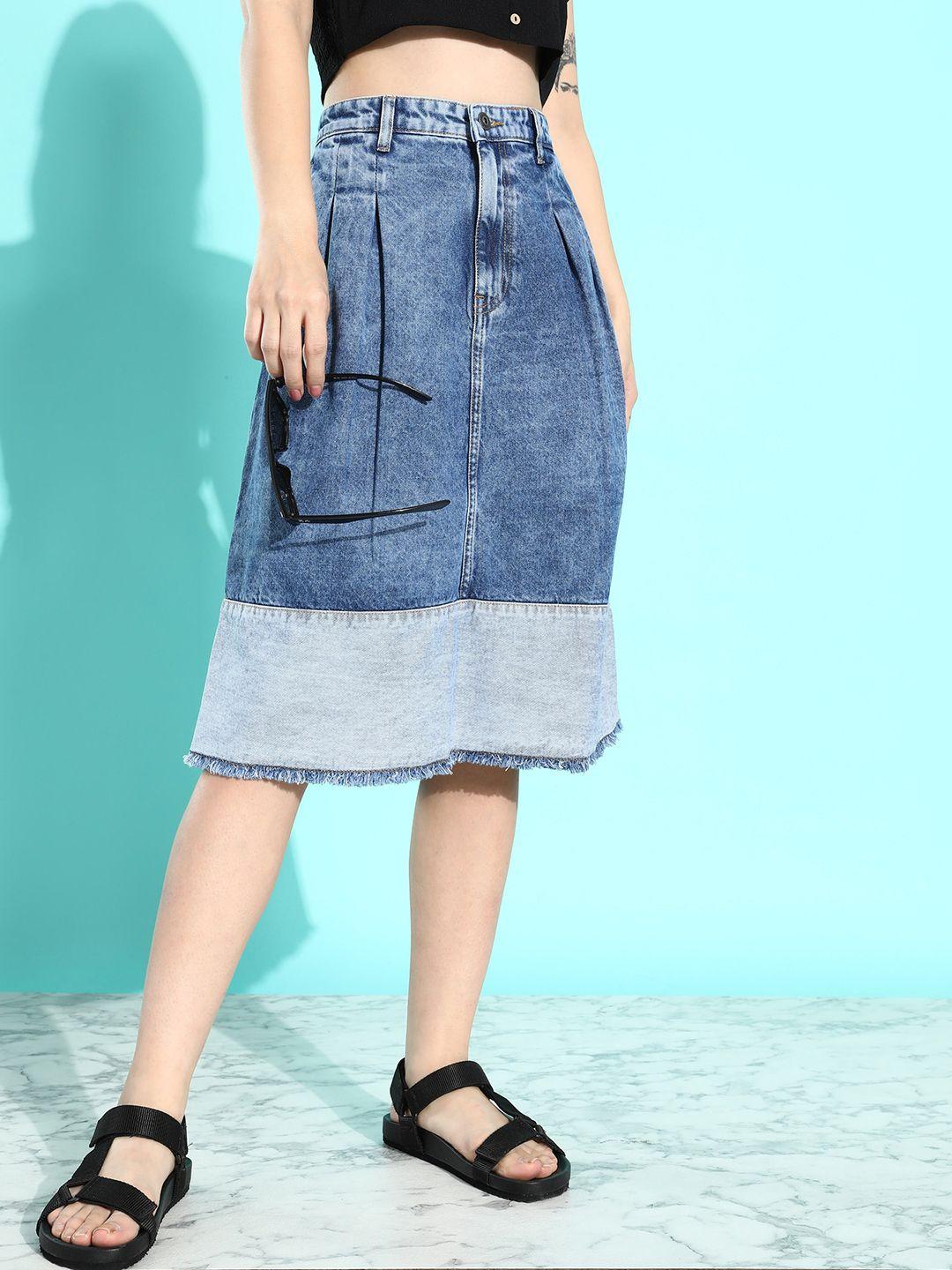 the roadster life co. classic blue cold crush block & patch pure cotton a-line denim skirt