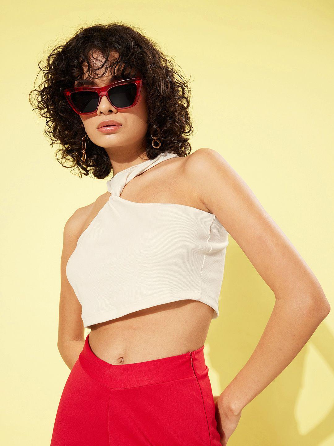 the roadster life co. off white solid halter neck twisted thoughts ribbed crop top