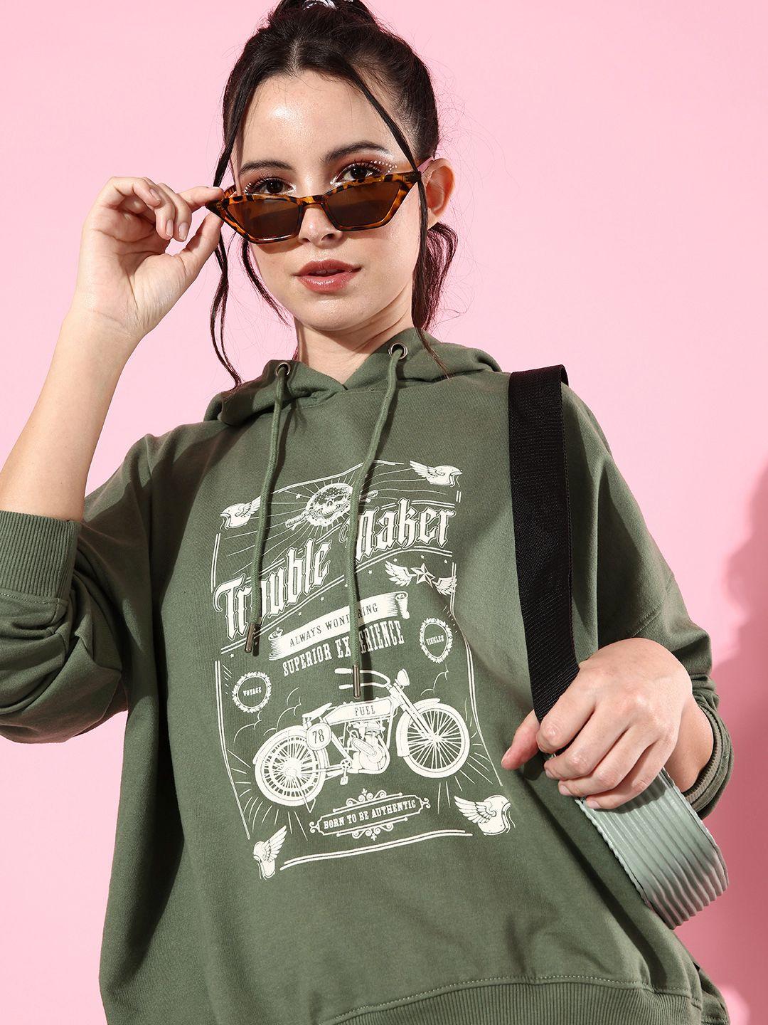 the roadster life co. olive green printed hooded pullover oversized baggy sweatshirt