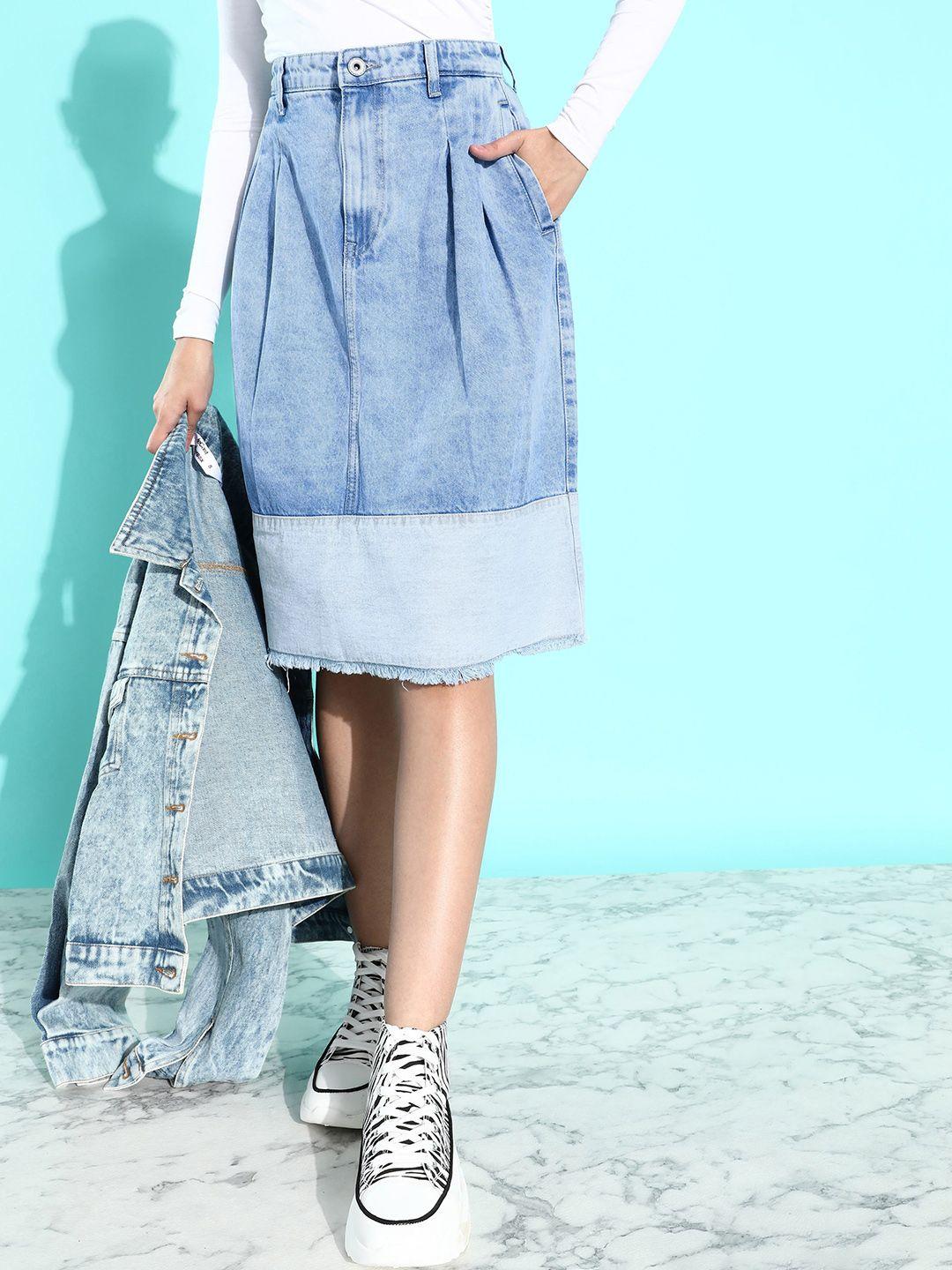 the roadster life co. sky blue cold crush block & patch pure cotton a-line denim skirt