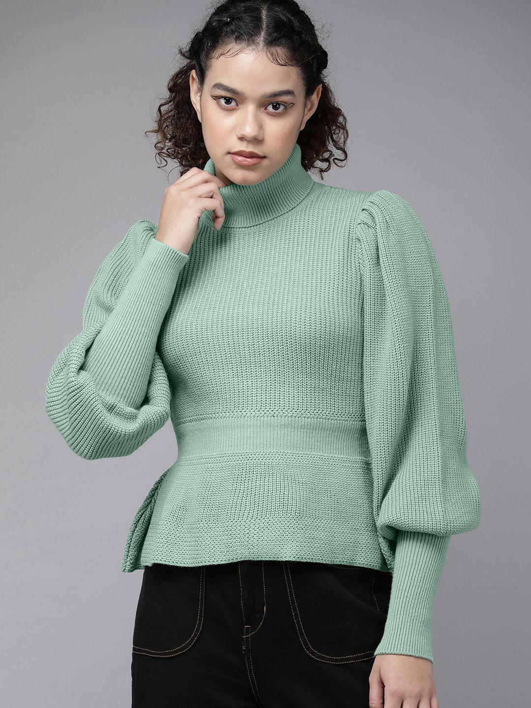 the roadster life co. women green solid open-knitted turtle-neck pullover