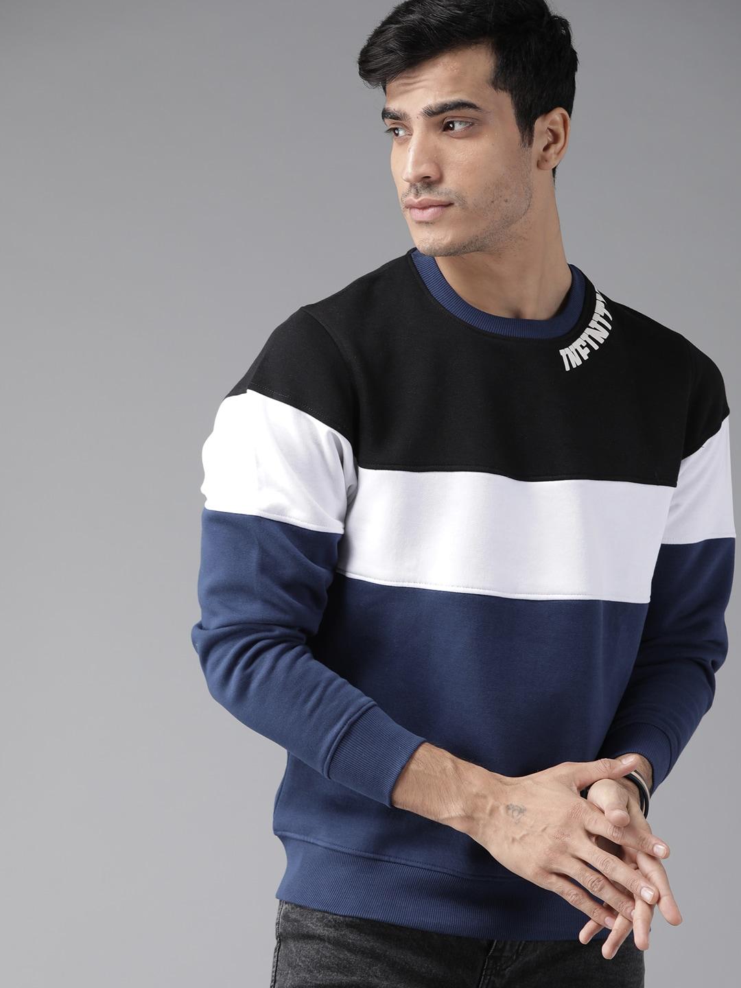 the roadster lifestyle co men blue & white colourblocked sweatshirt