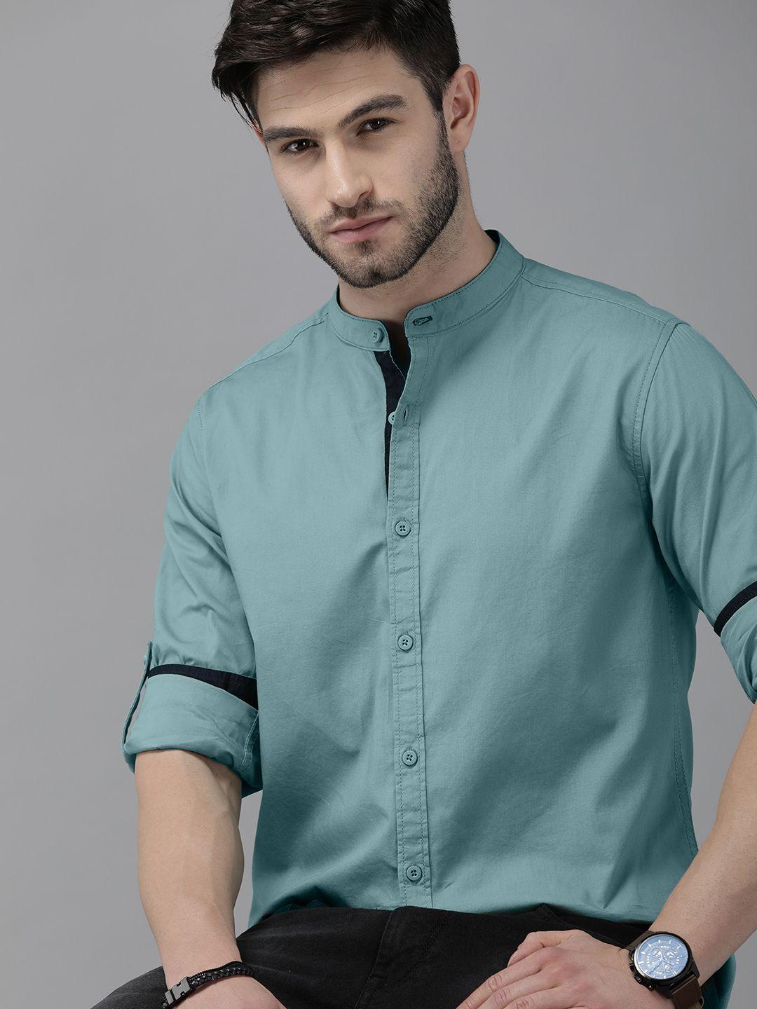 the roadster lifestyle co men green solid mandarin collared sustainable casual shirt