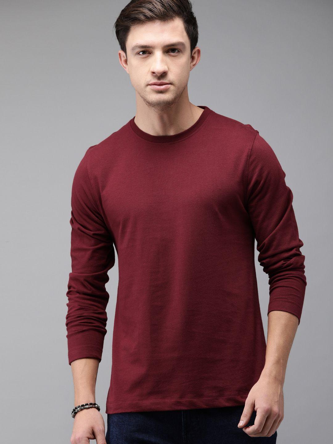 the roadster lifestyle co men maroon solid round neck t-shirt