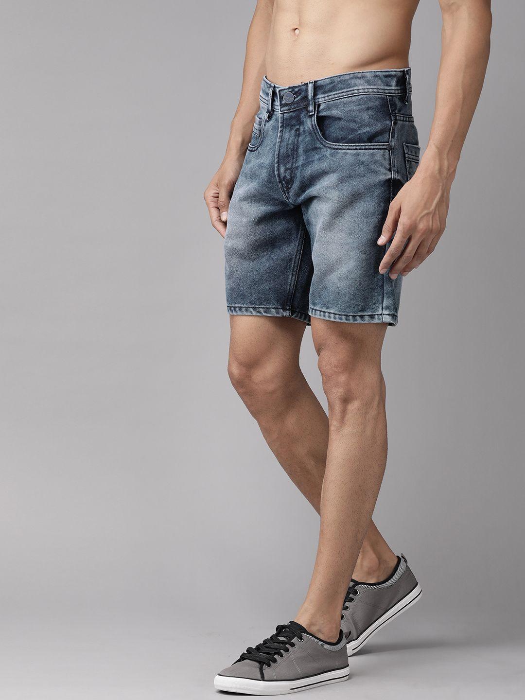 the roadster lifestyle co men navy blue solid slim fit denim shorts