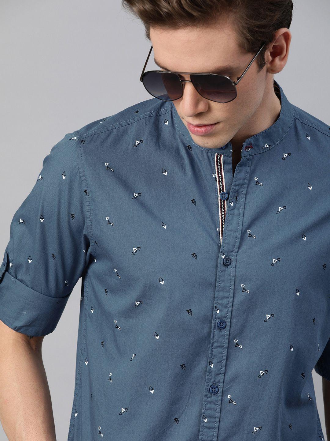 the roadster lifestyle co men teal blue & black regular fit printed sustainable casual shirt