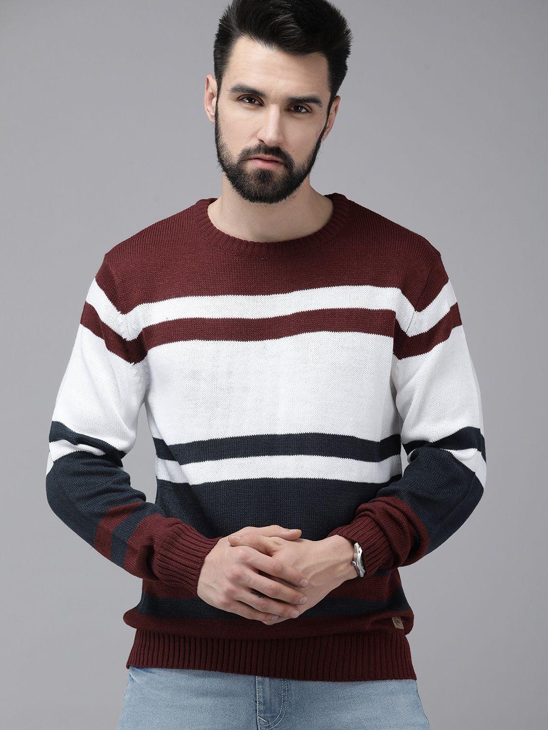 the roadster lifestyle co men white & navy blue striped pullover sweater