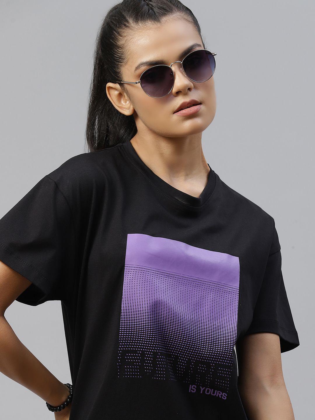the roadster lifestyle co women black  purple typography printed pure cotton t-shirt