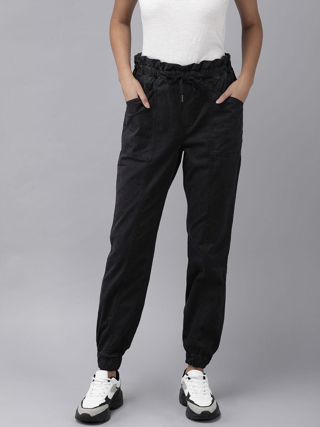 the roadster lifestyle co women black solid paper bag joggers trousers