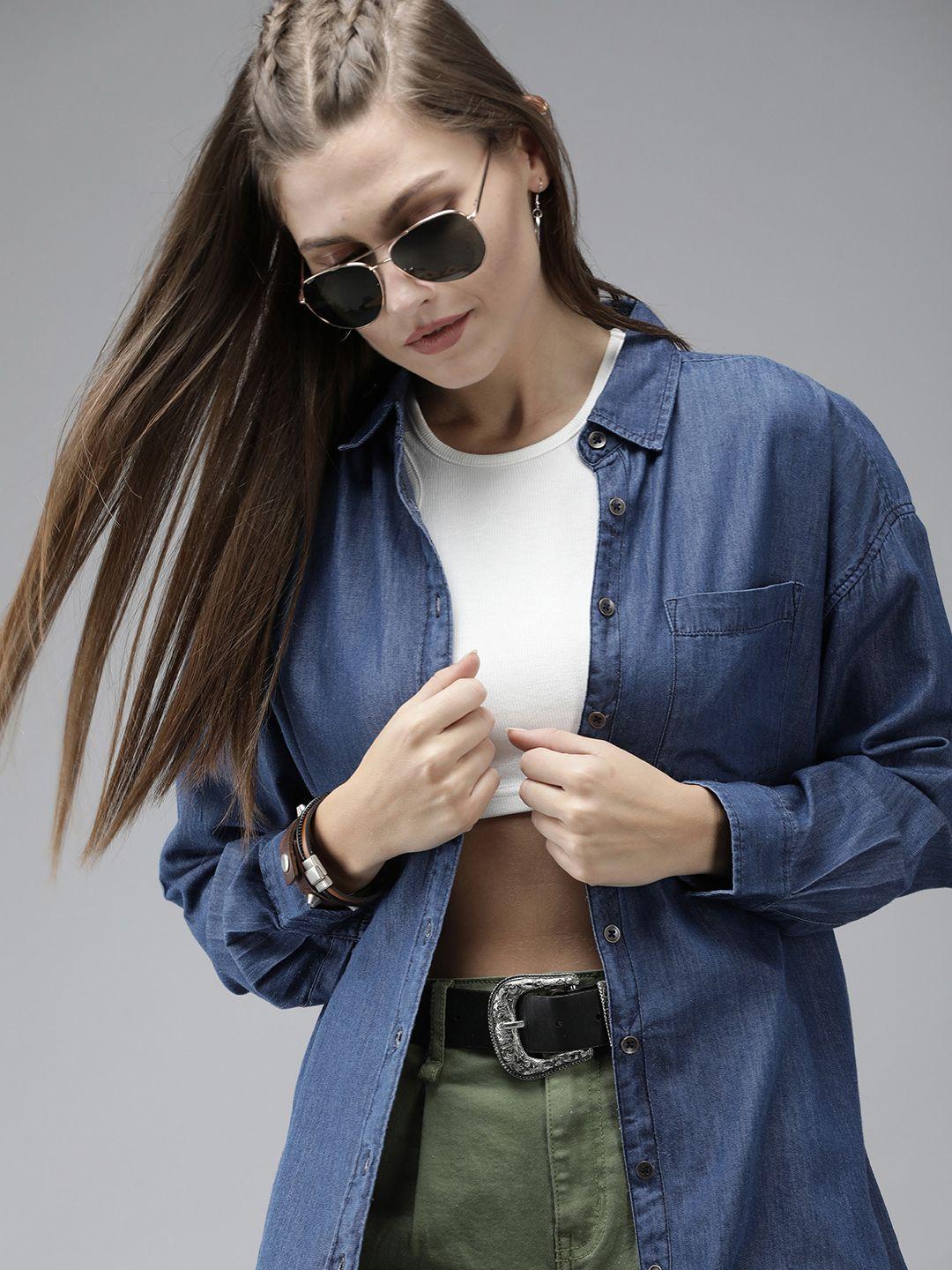 the roadster lifestyle co women blue classic denim casual shirt