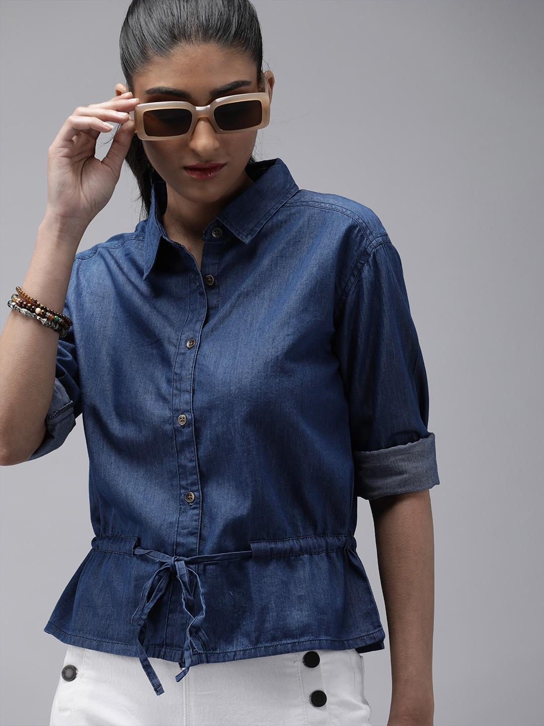 the roadster lifestyle co women blue denim pure cotton shirt style top