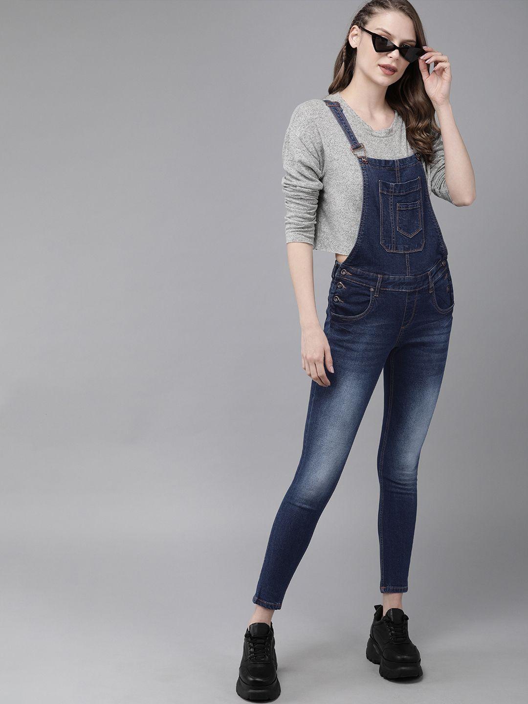 the roadster lifestyle co women blue washed skinny fit denim dungarees