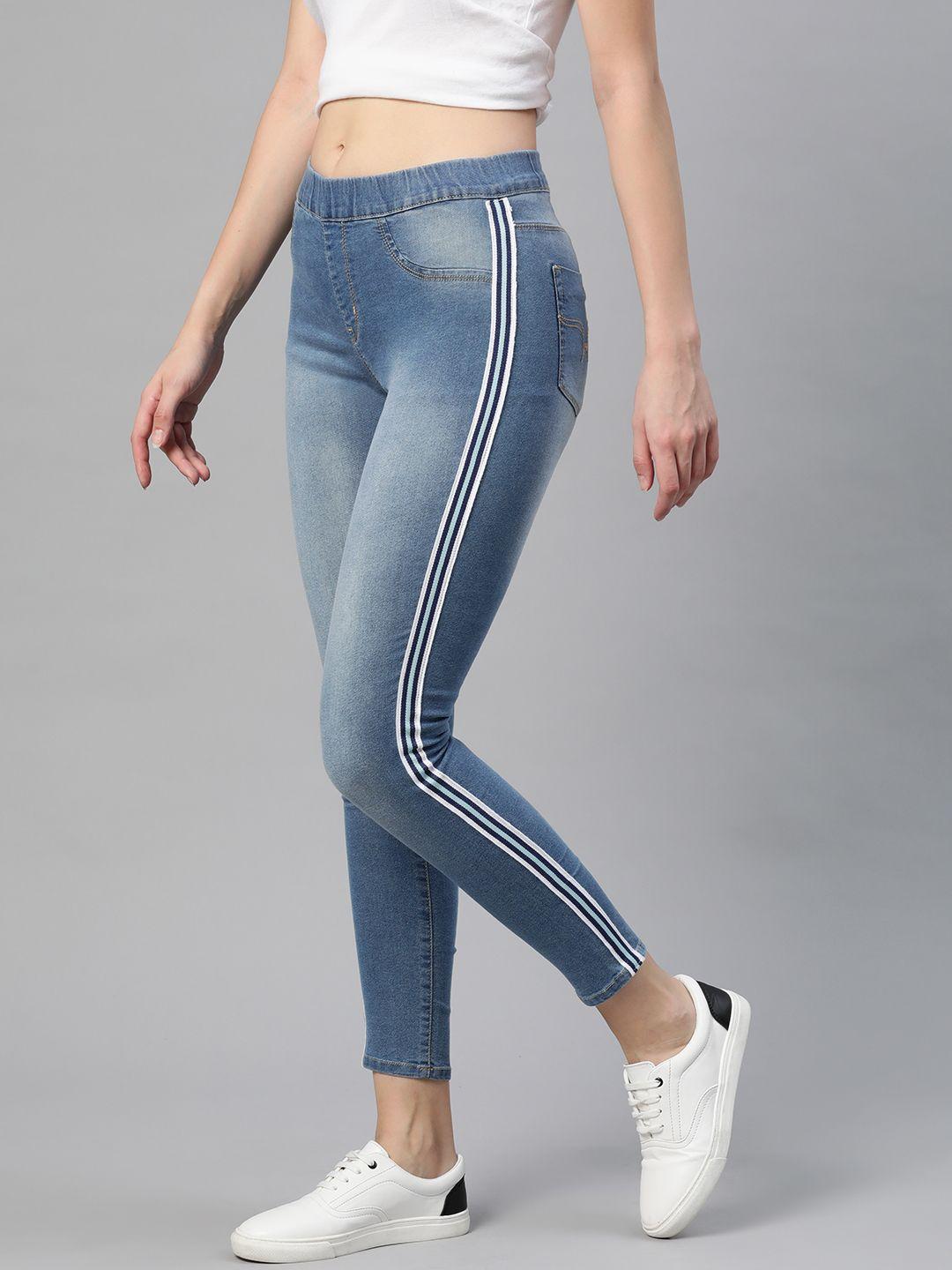 the roadster lifestyle co women blue washed super skinny fit cropped jeggings with side stripes