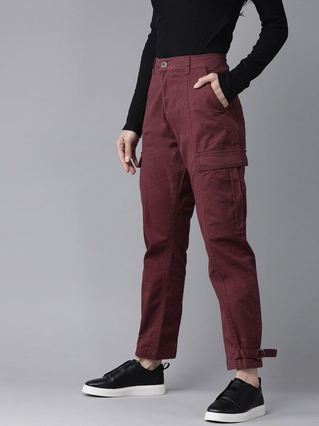 the roadster lifestyle co women burgundy relaxed fit solid cargos