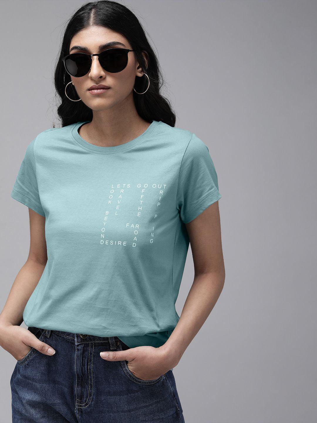 the roadster lifestyle co women green & white printed extended sleeves t-shirt