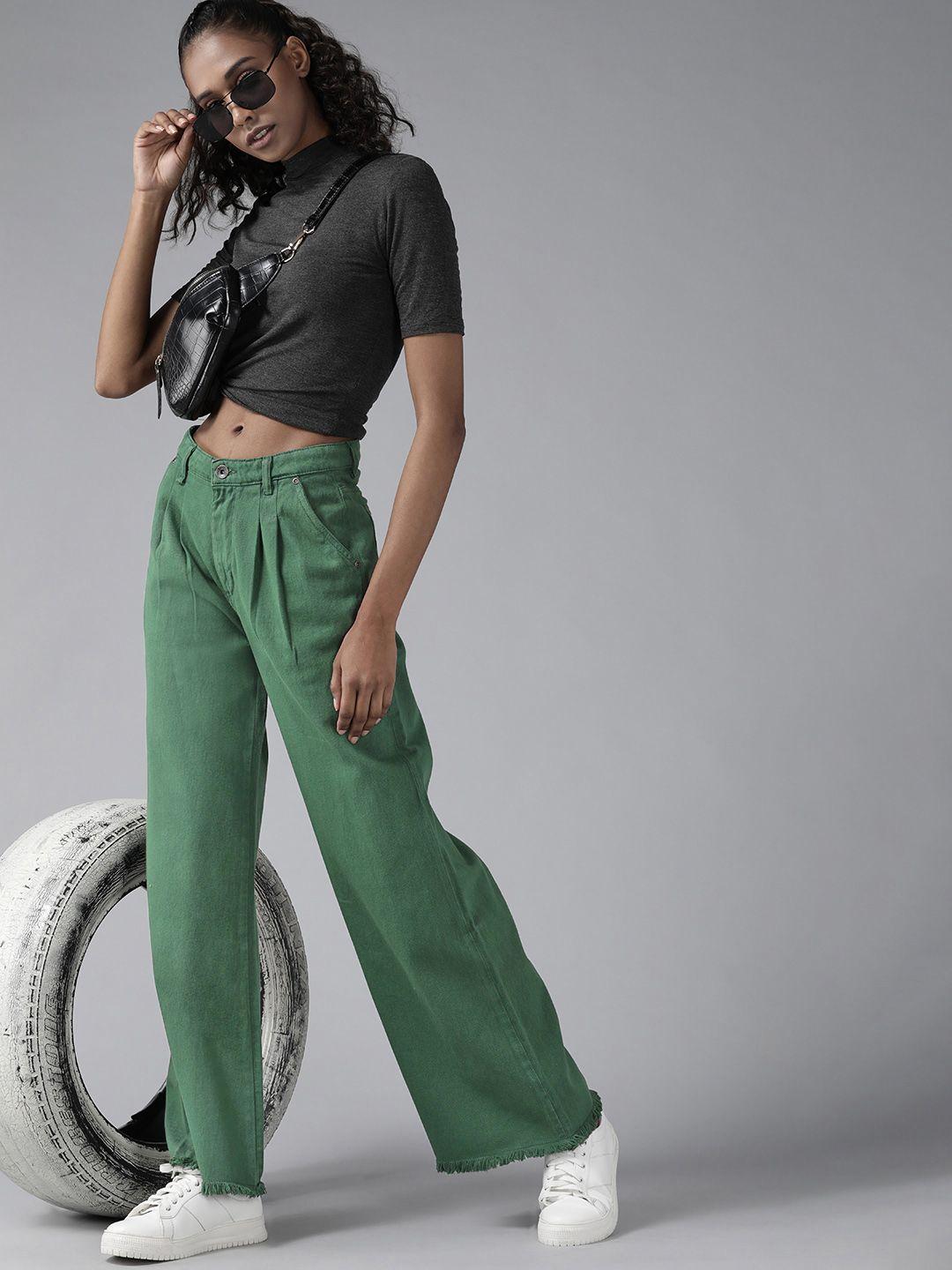 the roadster lifestyle co women green pure cotton wide leg jeans
