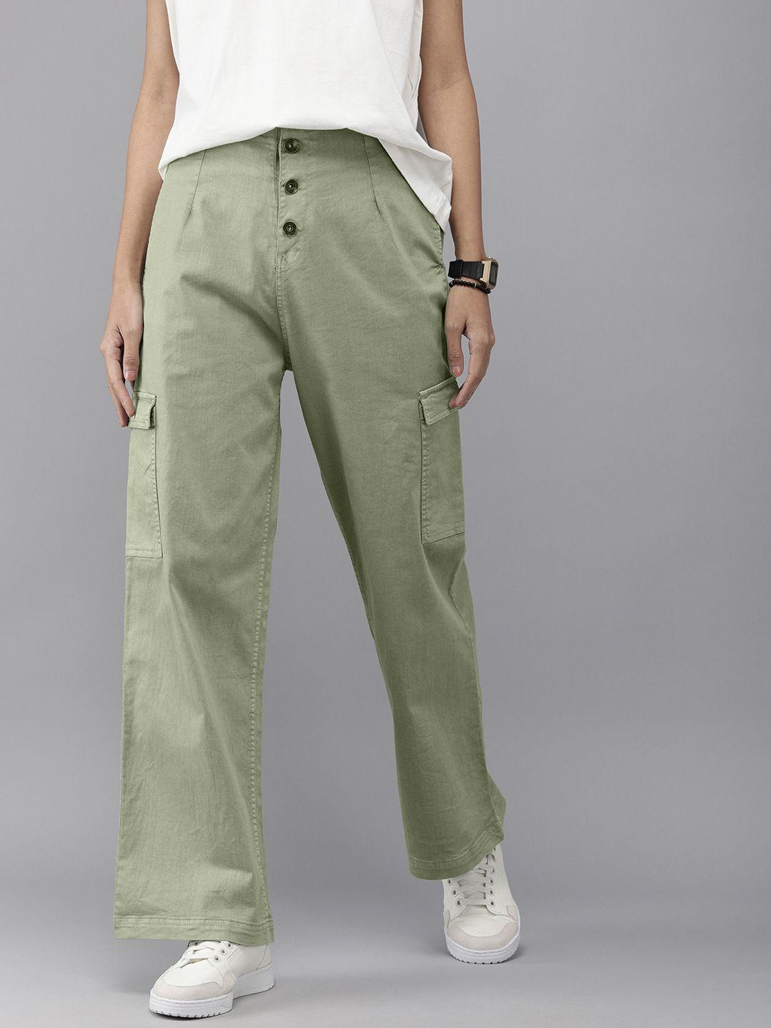 the roadster lifestyle co women green solid straight fit trousers