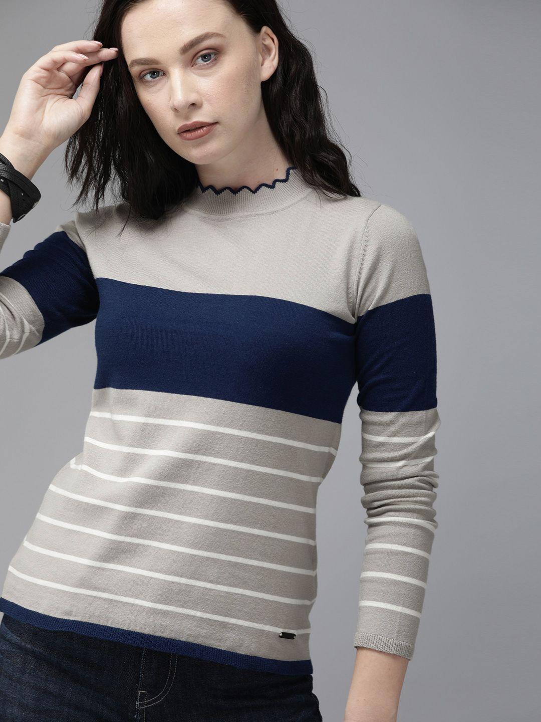 the roadster lifestyle co women grey melange & white striped regular top with lettuce edge detail