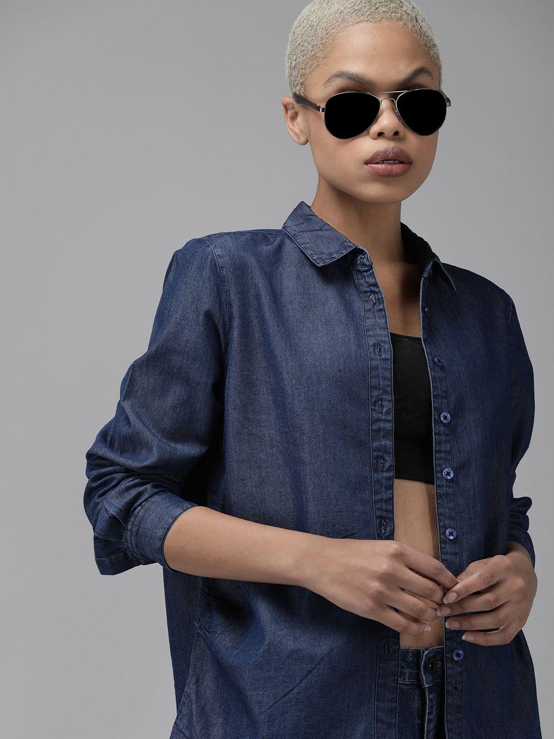 the roadster lifestyle co women indigo solid slim collared casual shirt