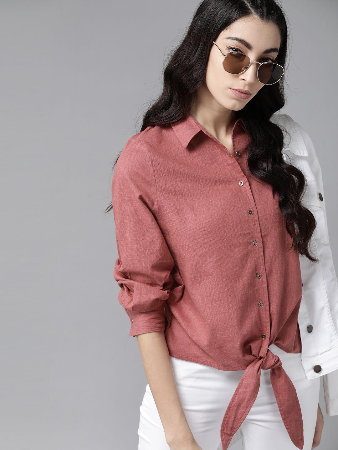 the roadster lifestyle co women mauve regular fit solid pure cotton casual shirt with tie-up