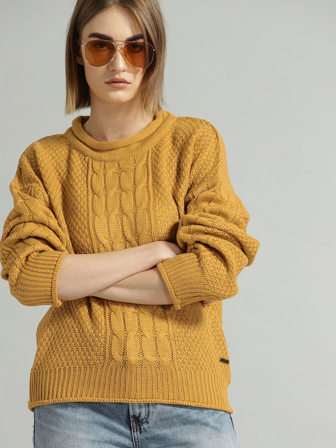 the roadster lifestyle co women mustard yellow self design sweater