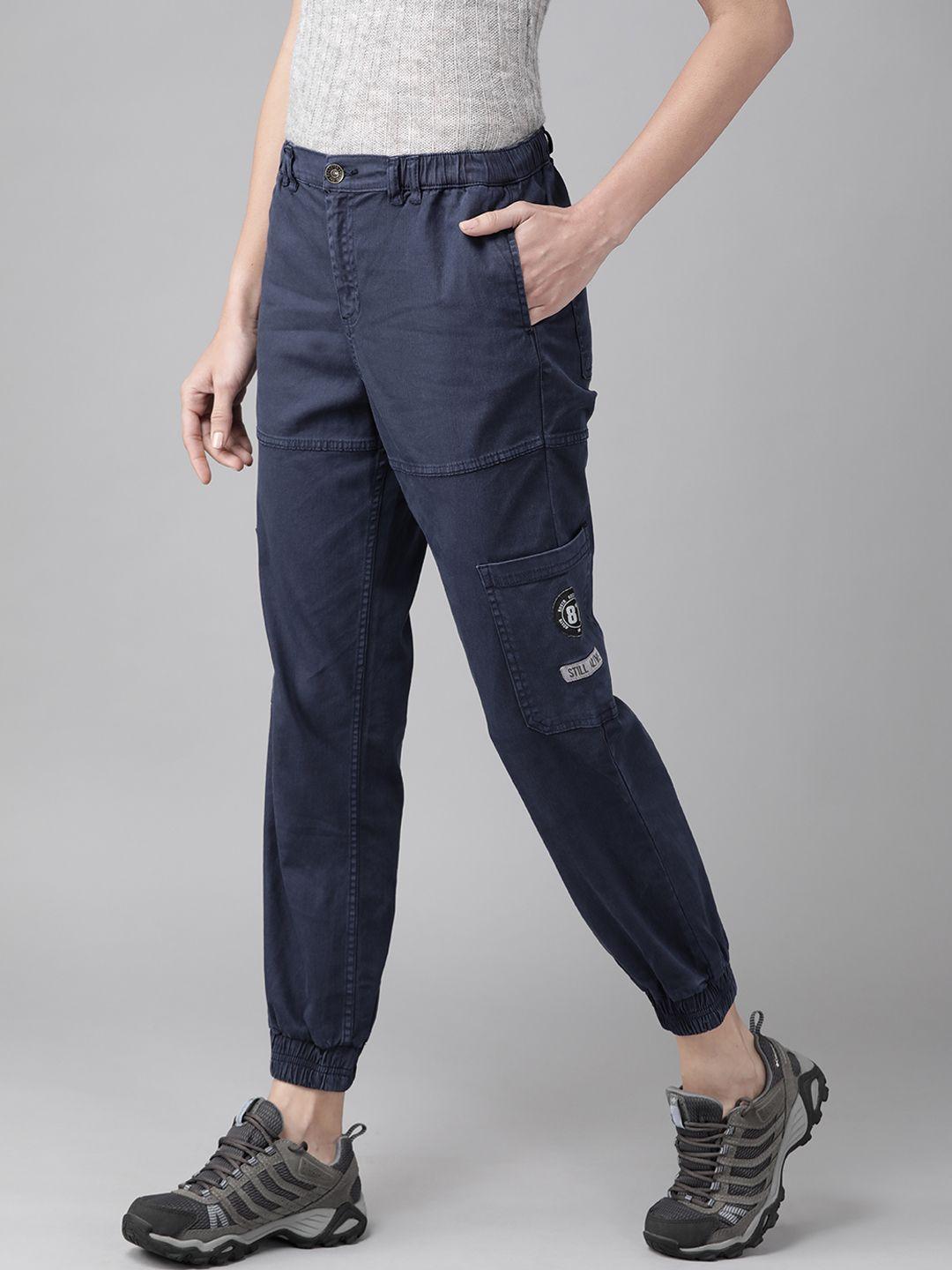 the roadster lifestyle co women navy blue solid cargo joggers