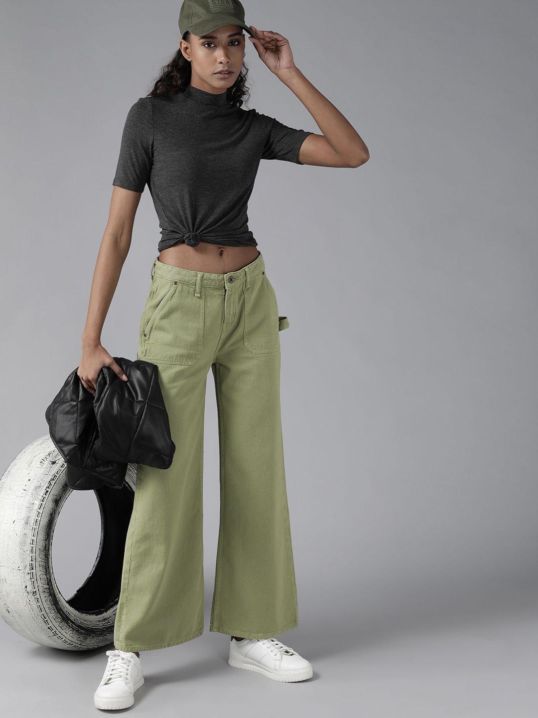 the roadster lifestyle co women olive green pure cotton wide leg jeans