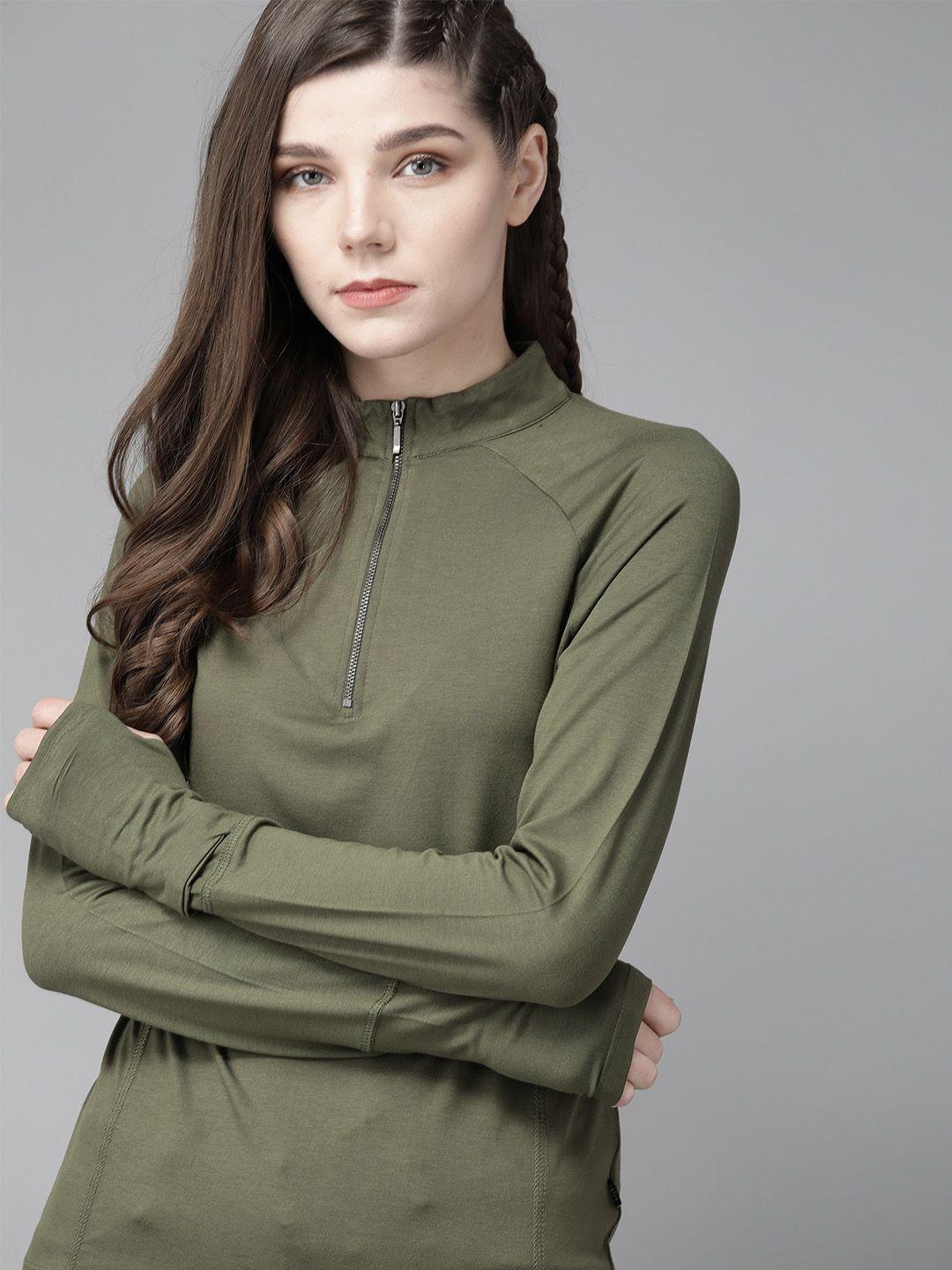 the roadster lifestyle co women olive green solid anti-bacterial mock neck t-shirt