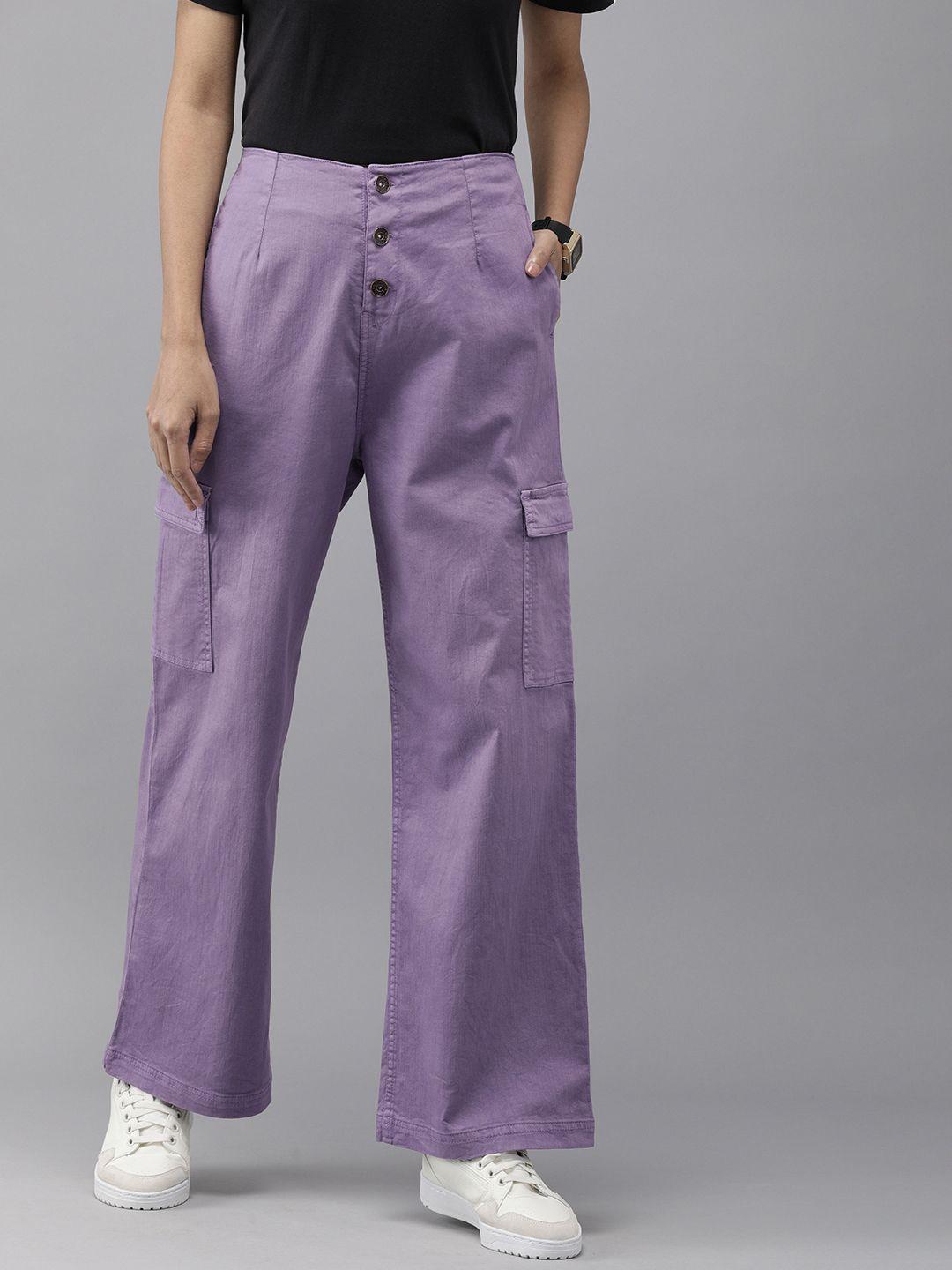the roadster lifestyle co women purple straight fit high-rise cargos trousers