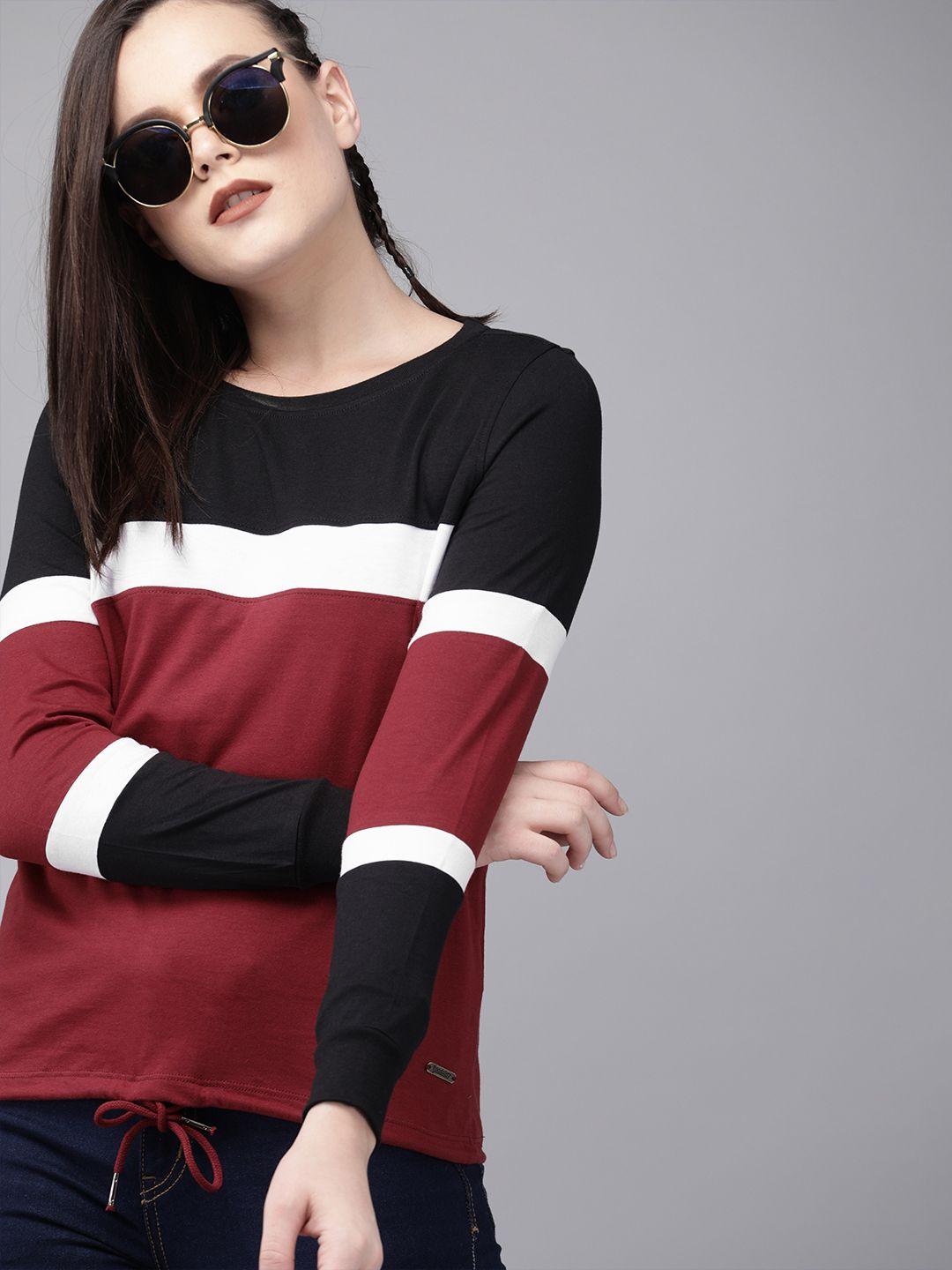 the roadster lifestyle co women red & black colourblocked round neck t-shirt